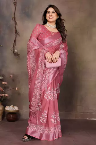Pink cotton lilen digital printed saree with blouse