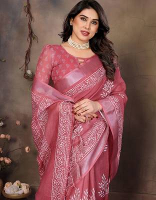 Pink cotton lilen digital printed saree with blouse 4