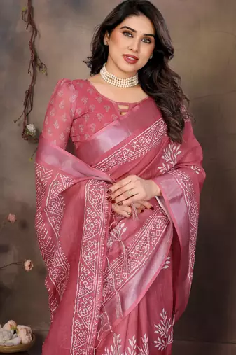 Pink cotton lilen digital printed saree with blouse