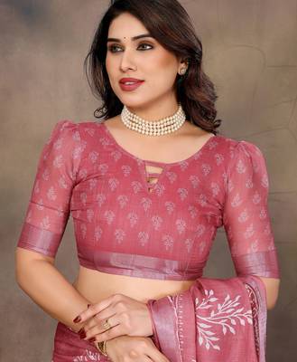 Pink cotton lilen digital printed saree with blouse 5