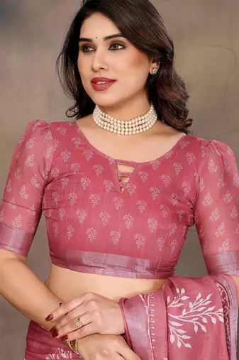 Pink cotton lilen digital printed saree with blouse