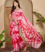 Women's pink chiffon embellished saree with unstitched blouse piece