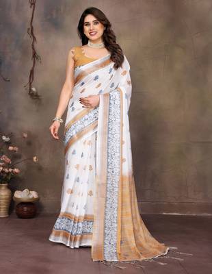 White cotton lilen digital printed saree with blouse 1