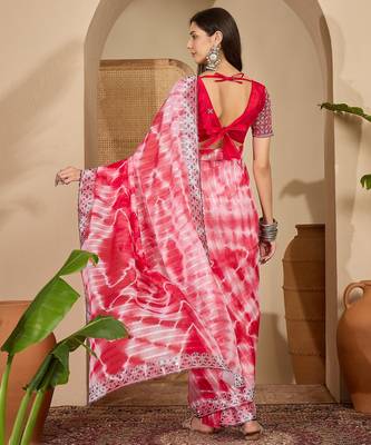 Women's pink chiffon embellished saree with unstitched blouse piece 3