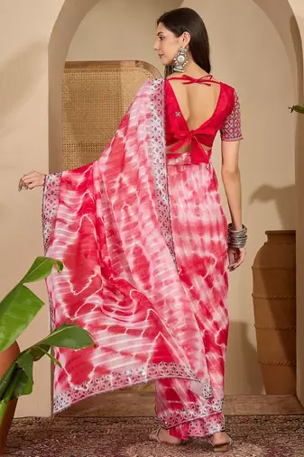 Women's pink chiffon embellished saree with unstitched blouse piece