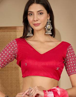 Women's pink chiffon embellished saree with unstitched blouse piece 4
