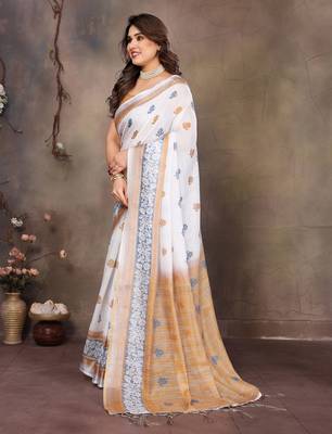 White cotton lilen digital printed saree with blouse 2