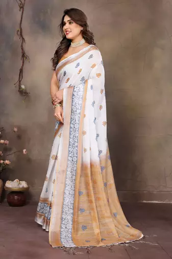White cotton lilen digital printed saree with blouse