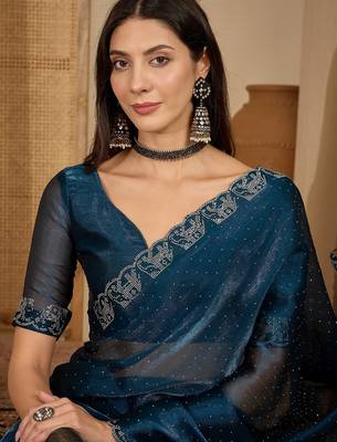 women's teal silk blend blend embellished saree with unstitched blouse piece 2