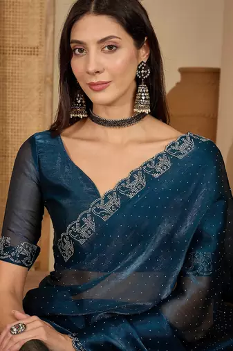 women's teal silk blend blend embellished saree with unstitched blouse piece