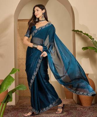 women's teal silk blend blend embellished saree with unstitched blouse piece 1