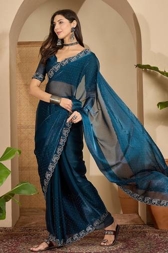 women's teal silk blend blend embellished saree with unstitched blouse piece