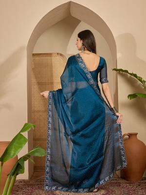 women's teal silk blend blend embellished saree with unstitched blouse piece 3