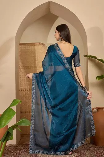 women's teal silk blend blend embellished saree with unstitched blouse piece
