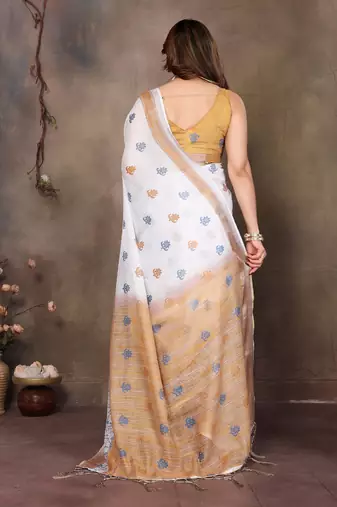 White cotton lilen digital printed saree with blouse