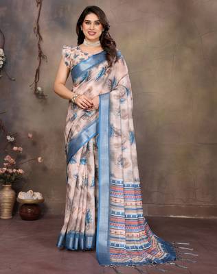 Cream cotton lilen digital printed saree with blouse 1