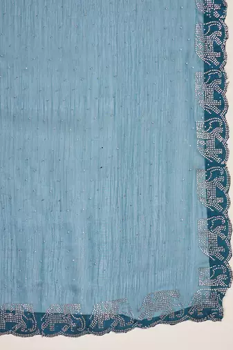 women's teal silk blend blend embellished saree with unstitched blouse piece