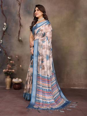 Cream cotton lilen digital printed saree with blouse 2