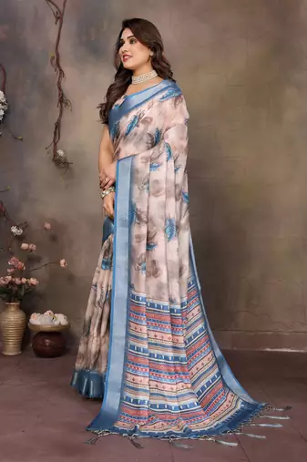 Cream cotton lilen digital printed saree with blouse