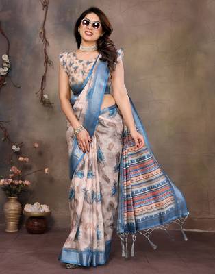 Cream cotton lilen digital printed saree with blouse 3