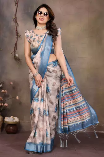 Cream cotton lilen digital printed saree with blouse