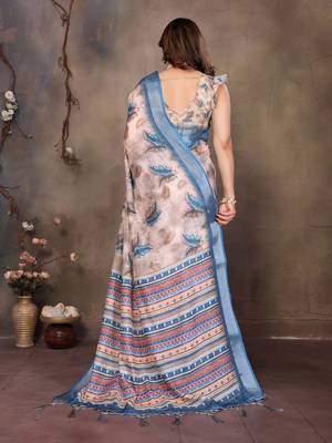 Cream cotton lilen digital printed saree with blouse 4