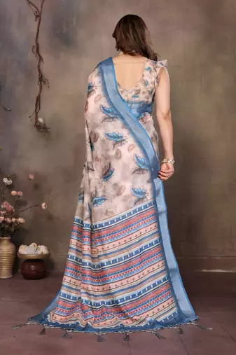 Cream cotton lilen digital printed saree with blouse
