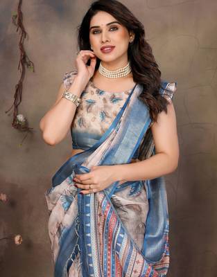 Cream cotton lilen digital printed saree with blouse 5