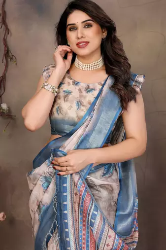 Cream cotton lilen digital printed saree with blouse