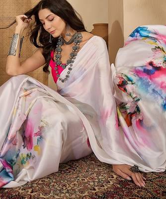 Women's off white satin printed saree with unstitched blouse piece 2