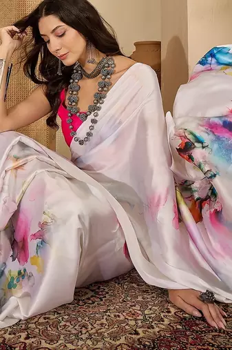 Women's off white satin printed saree with unstitched blouse piece