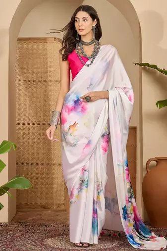 Women's off white satin printed saree with unstitched blouse piece