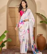 Women's off white satin printed saree with unstitched blouse piece