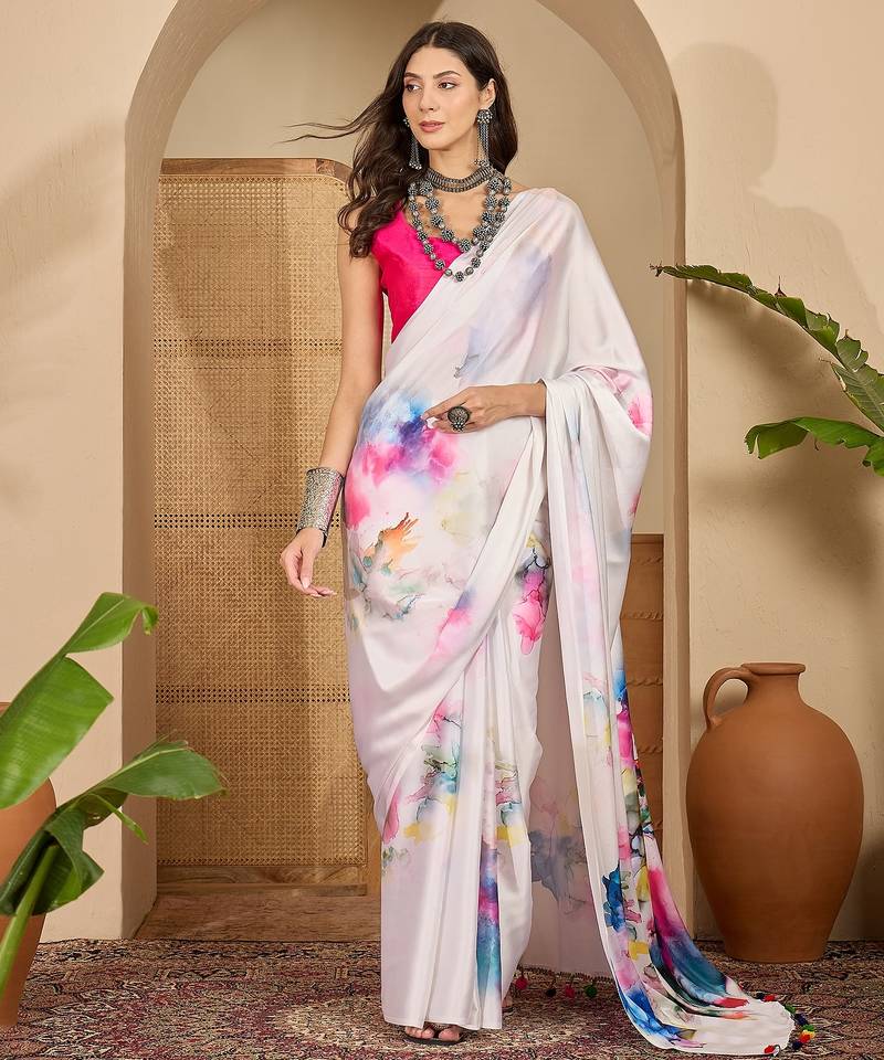 Women's off white satin printed saree with unstitched blouse piece