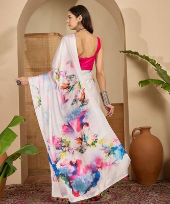 Women's off white satin printed saree with unstitched blouse piece 3