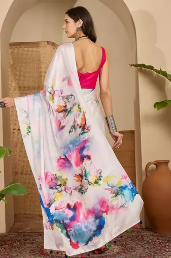 Women's off white satin printed saree with unstitched blouse piece