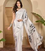 Women's off white satin printed saree with unstitched blouse piece