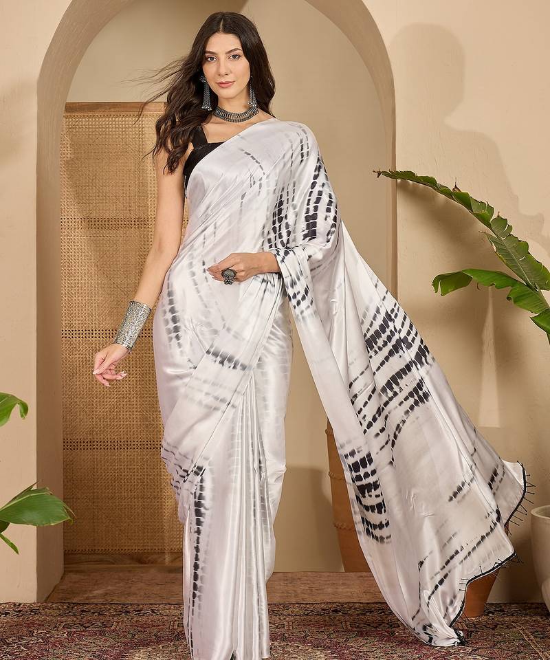 Women's off white satin printed saree with unstitched blouse piece