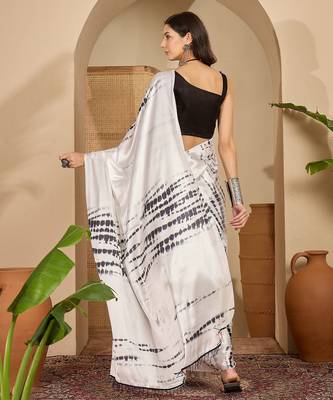Women's off white satin printed saree with unstitched blouse piece 3