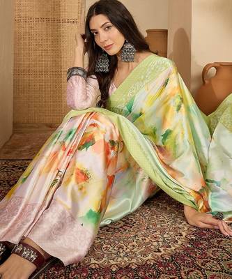 Women's pista satin printed saree with unstitched blouse piece 1