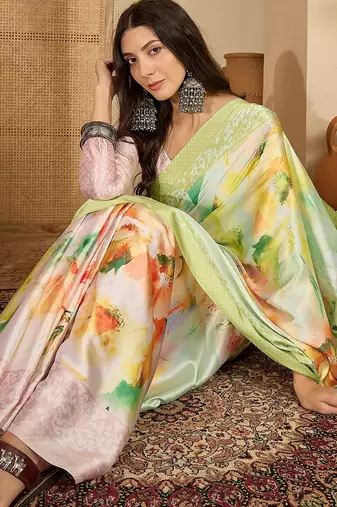 Women's pista satin printed saree with unstitched blouse piece