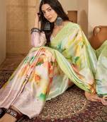 Women's pista satin printed saree with unstitched blouse piece