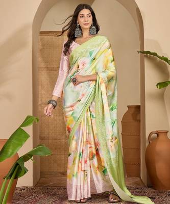 Women's pista satin printed saree with unstitched blouse piece 2