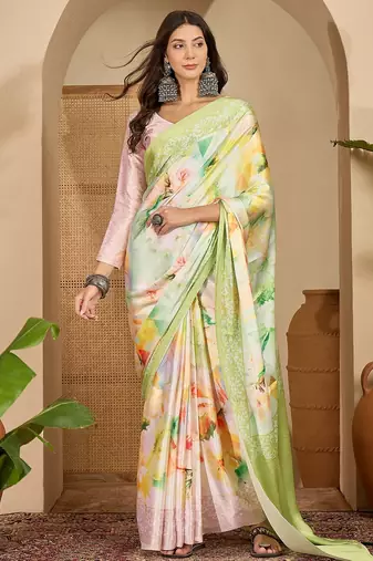 Women's pista satin printed saree with unstitched blouse piece