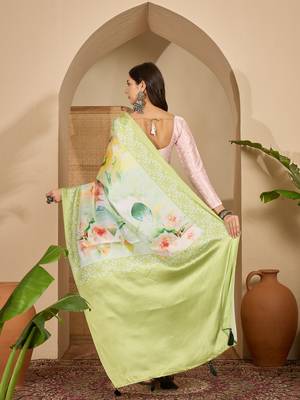 Women's pista satin printed saree with unstitched blouse piece 3