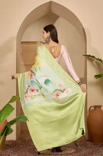 Women's pista satin printed saree with unstitched blouse piece