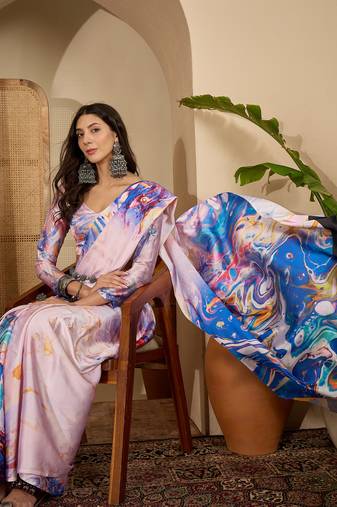 Women's multi satin printed saree with unstitched blouse piece