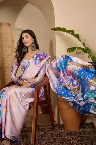 Women's multi satin printed saree with unstitched blouse piece