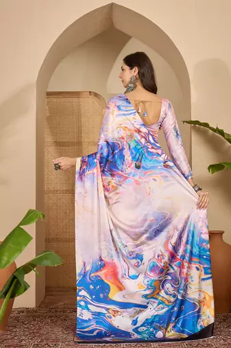 Women's multi satin printed saree with unstitched blouse piece
