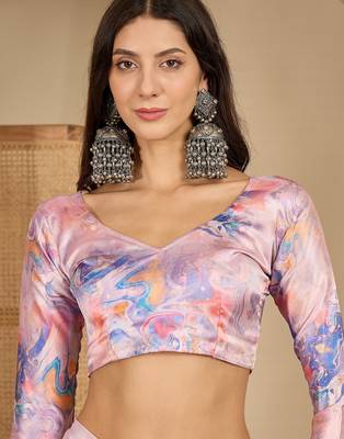 Women's multi satin printed saree with unstitched blouse piece 4
